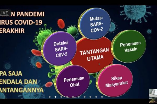 Lima kendala utama yang membuat keberadaan virus corona belum dapat diatasi. (foto saat seminar online)