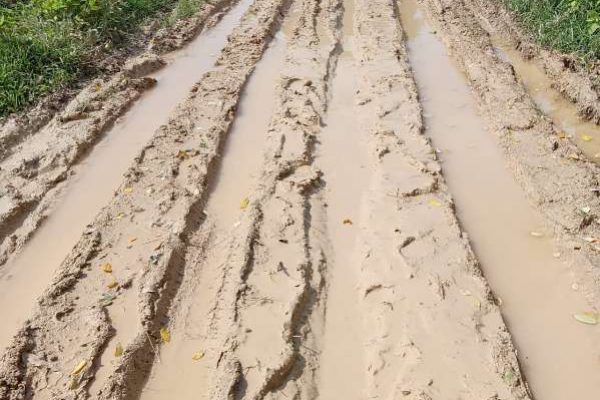 Bekas roda kendaraan yang lewat di jalan tersebut justru membuat kubangan yang tambah menyulitkan warga sekitar. (foto: istimewa)