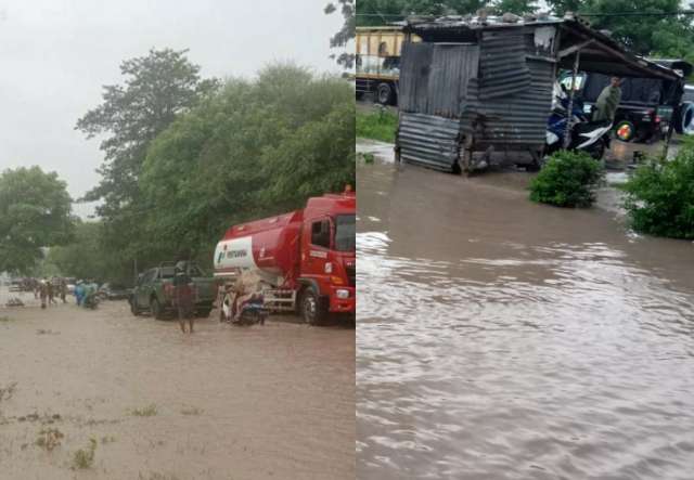 Banjir meluap hingga Jalan Timor Raya, yang melewati Desa Oebelo. Arus air yang deras membuat kendaraan roda dua mengalami kesulitan melewatinya. (foto : istimewa)