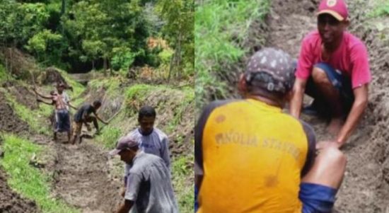 Kelompok Tani Serangkai Bersaudara saat pengerjaan saluran irigasi di desa Tanah Putih. (foto: istimewa)