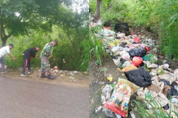 Warga dibantu aparat membersihkan sampah yang menumpuk. (foto: istimewa)