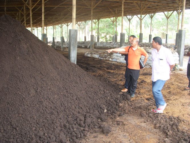 Pak Oles (Baju Oranye) mengamati tumpukan pupuk yang dihasilkan dari sampah yang diolah mengunakan teknologi EM. (ist)