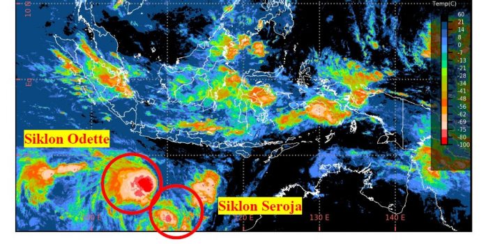 Citra satelit terkait perkembangan Siklon Tropis Seroja dan Pertumbuhan Siklon Tropis Odette, Jumat (9/4)