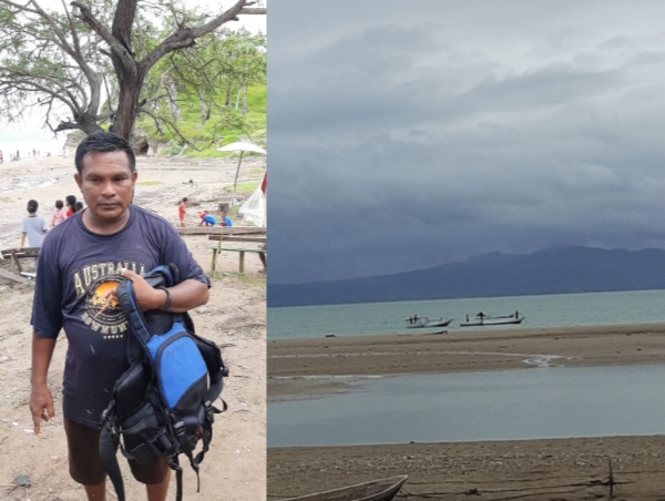 Adrianus Daud, paman korban tenggelam saat kembali dari pencarian kerabatnya. Sebelahnya adalah lokasi pantai tempat korban terhempas saat gelombang tinggi. (yandry/kupang terkini.com)