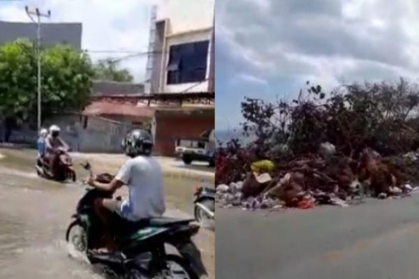 Air tergenang di Jalan Raya Oebufu serta sampah yang sudah menumpuk di Nunbaun Sabu. (yandry/kupangterkini.com)