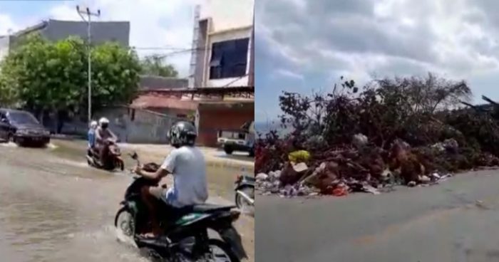Air tergenang di Jalan Raya Oebufu serta sampah yang sudah menumpuk di Nunbaun Sabu. (yandry/kupangterkini.com)