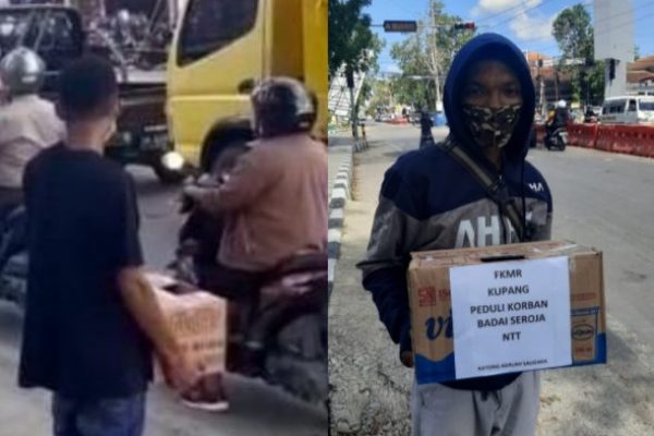 Badri dari forum komunikasi mahasiswa Riung saat menjalankan aksi menggalang donasi di perempatan jalan (yandry/kupangterkini.com)