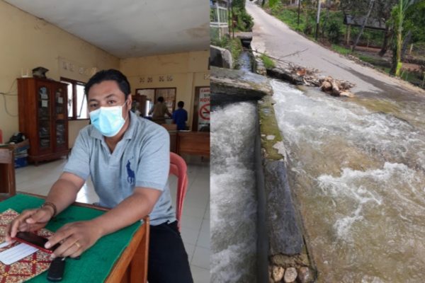 Lurah Airnona Milton Thome saat ditemui di kantor dan kondisi jalan yang rusak digerus luapan air. (yandry/kupangterkini.com)