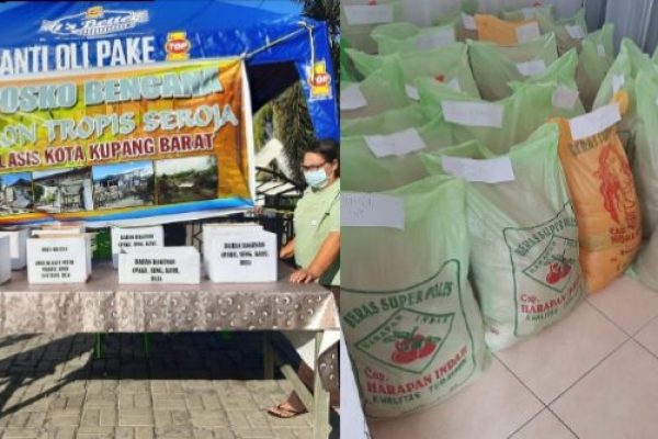 Ketua Klasis Kota Kupang Barat, Pdt Ny Ita Fointuna-Ndun S.Th (kiri) didampingi wakil ketua klasis Pdt Ny Yodi Nenobais-Kebang S.Th serta paket sembako yang siap didistribusikan kepada warga terdampak. (yandry/kupangterkini.com)