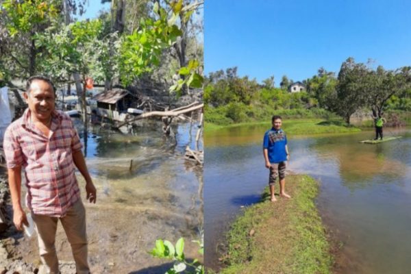 Lurah Batuplat Jeri Okotvianus saat berada di lokasi bersama Anton Rui, warga yang rumahnya berdekatan dengan danau tersebut. (yandry/kupangterkini.com)