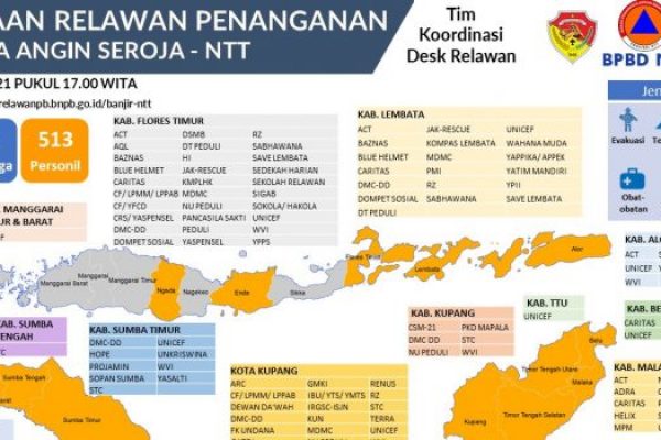 513 sukarelawan melakukan upaya penanganan darurat di wilayah NTT pascabencana yang dipicu siklon tropis Seroja. (Desk Relawan BNPB)