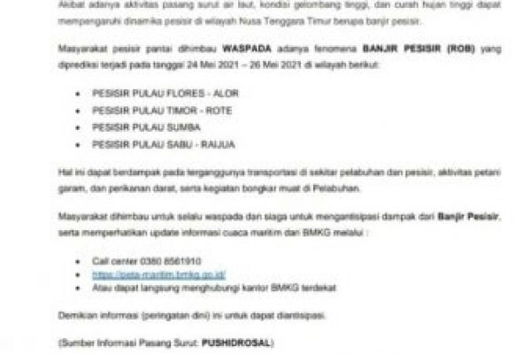 Peringatan dini banjir pesisir yang dikeluarkan BMKG NTT (ist)