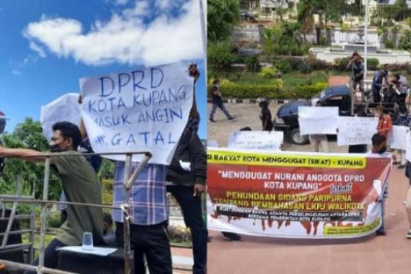 Massa aliansi rakyat kota menggugat (SIKAT) saat melakukan orasi di depan gedung DPRD kota Kupang (yandry/kupangterkini.com)