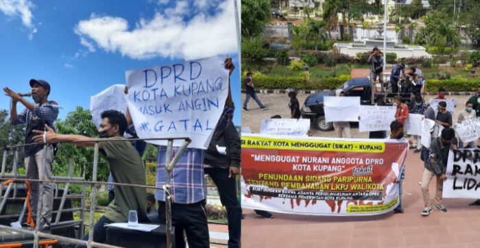 Massa aliansi rakyat kota menggugat (SIKAT) saat melakukan orasi di depan gedung DPRD kota Kupang (yandry/kupangterkini.com)