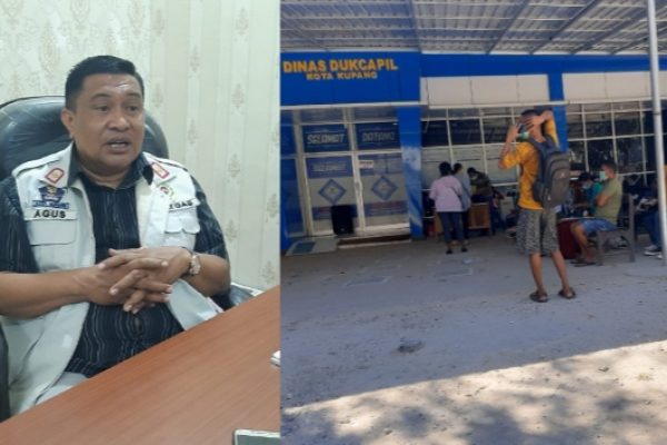 Agus Ririmasse, Plt kepala dinas Dukcapil Kota Kupang serta warga yang mengantri ingin mengurus pembuatan KTP serta administrasi lainnya. (yandry/kupangterkini.com)