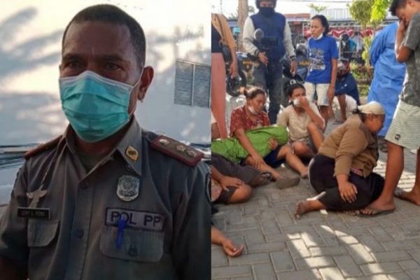 Lexy L Pong, tim pengendali posko Covid - 19 serta keluarga jenazah saat memangku jenazah di halaman rumah sakit