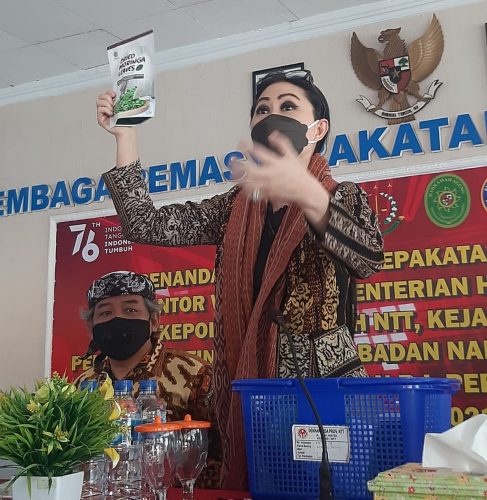 Ketua Dekranasda, Julie Sutrisno Laiskodat saat memamerkan produk daun Kelor (yandry/kupangterkini.com)