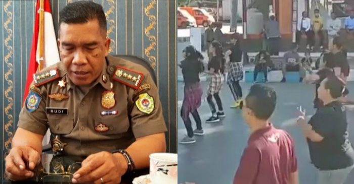 Rudi Abubakar, kepala satpol pp kota Kupang serta kerumunan pada kegiatan zumba massal (yandry/Kupangterkini.com)