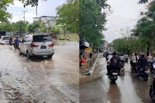Air tergenang dijalan Frans Seda serta jalan Bundaran PU setelah diguyur hujan deras (yandry/kupangterkini.com)