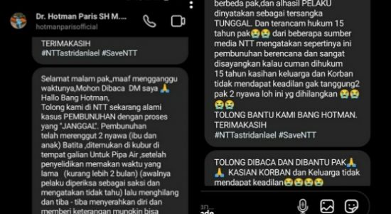 Tangkapan layar salah satu netizen yang meminta bantuan Hotman Paris untuk membantu kasus pembunuhan ibu dan anak