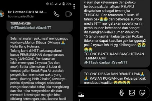 Tangkapan layar salah satu netizen yang meminta bantuan Hotman Paris untuk membantu kasus pembunuhan ibu dan anak