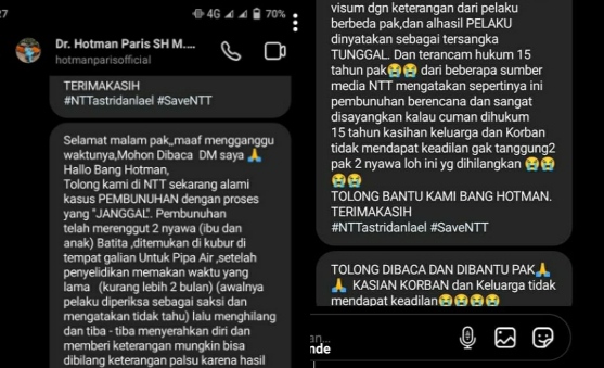 Tangkapan layar salah satu netizen yang meminta bantuan Hotman Paris untuk membantu kasus pembunuhan ibu dan anak