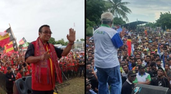 Lu Olo, calon presiden dari Patai Fretilin saat berkampanye terakhir di Dili (kiri). Xanana Gusmao dan pendukung Partai CNRT yang mengusung Jose Ramos Horta, yang ingin menjadi presiden lagi. (ist)
