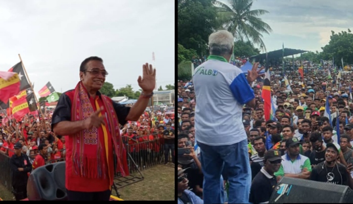 Lu Olo, calon presiden dari Patai Fretilin saat berkampanye terakhir di Dili (kiri). Xanana Gusmao dan pendukung Partai CNRT yang mengusung Jose Ramos Horta, yang ingin menjadi presiden lagi. (ist)