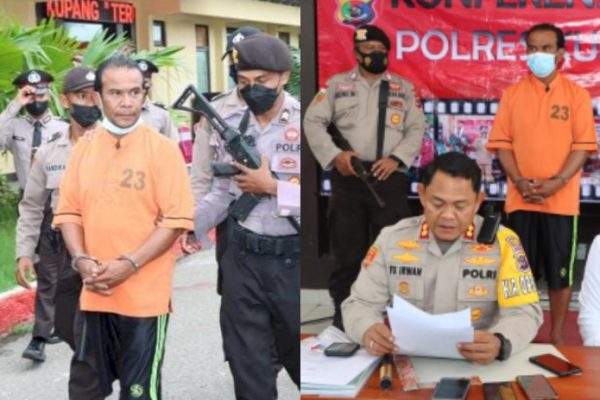 Tersangka AF alias O saat digelandang petugas serta Kapolres Kupang AKBP FX Irwan Irianto saat memberikan keterangan kepada awak media