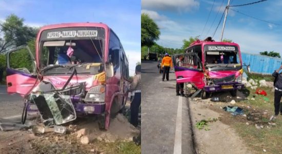 Kondisi bis Arjuna yang menabrak pick up di jalan Timor Raya (ist)