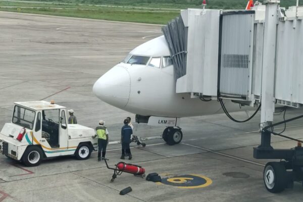 Petugas mengecek keadaan pesawat Lion Air yang berasap diakibatkan ponsel penumpang yang meleduk (ist)