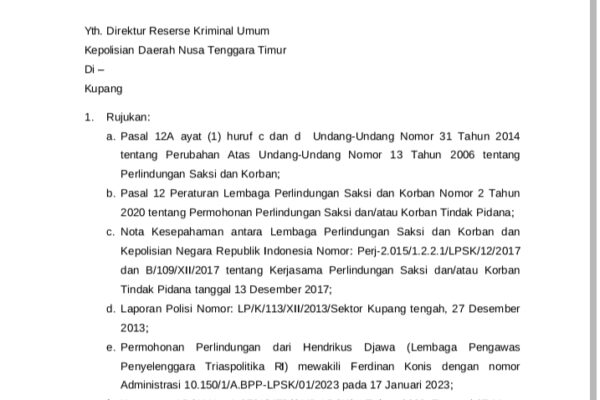 Surat rekomendasi LPSK yang ditujukan ke Polda NTT dan Polres Kupang