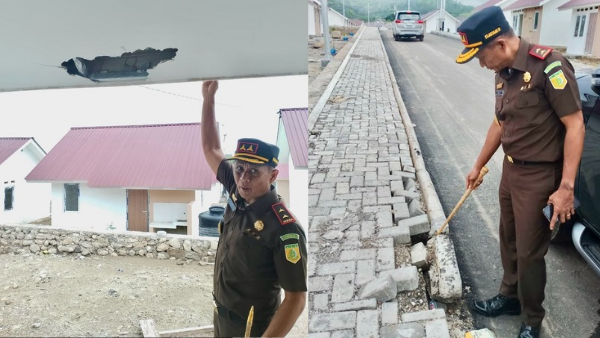 Kajati NTT, Zet Tadung Allo menunjuk plafon yang jebol di lokasi perumahan 2.100 (Penkum Kejati)