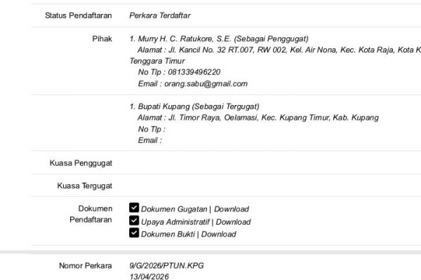 tangkapan layar gugatan Eu Ratukore terhadap Bupati Kupang di PTUN