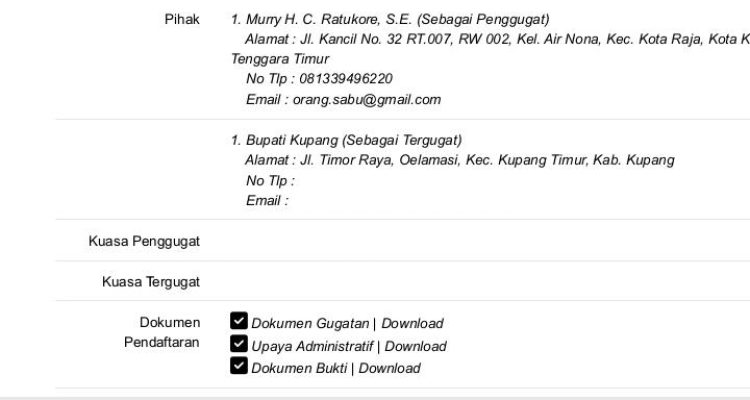 tangkapan layar gugatan Eu Ratukore terhadap Bupati Kupang di PTUN