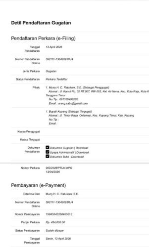 tangkapan layar gugatan Eu Ratukore terhadap Bupati Kupang di PTUN