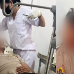 Kedua anggota polisi yang terkena lemparan batu massa aksi mengalami luka pada bagian kepala (ist)