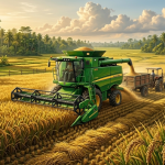 ilustrasi combine harvester & padi siap dipanen