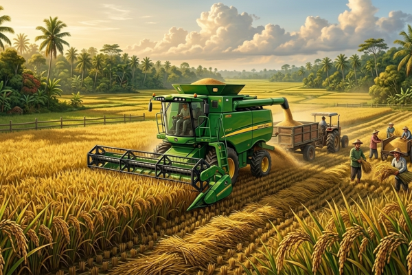 ilustrasi combine harvester & padi siap dipanen ilustrasi combine harvester & padi siap dipanen