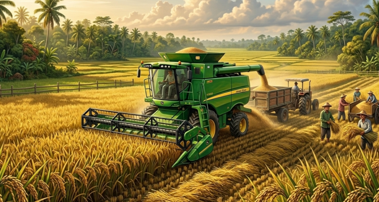 ilustrasi combine harvester & padi siap dipanen