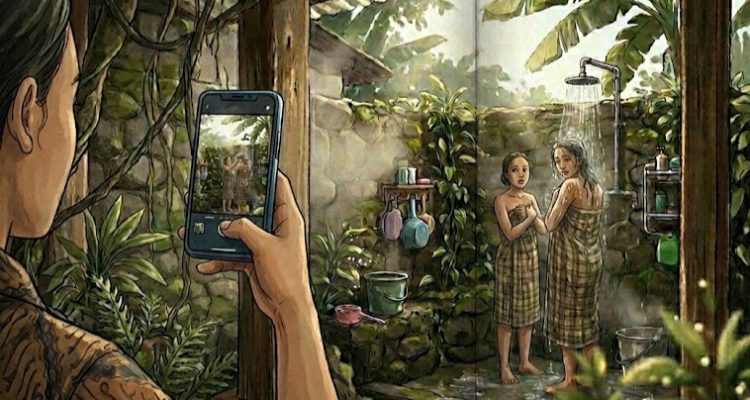 ilustrasi merekam orang mandi (gemini ai)