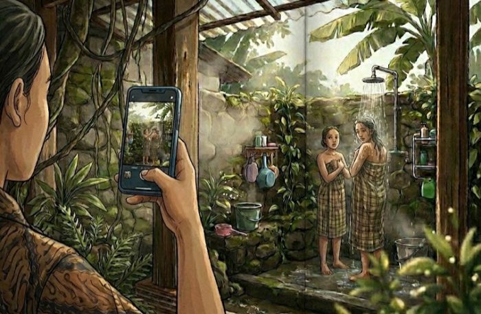 ilustrasi merekam orang mandi (gemini ai)