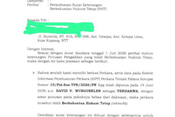 Keterangan incraht putusan Pelaksana Proyek Puskesmas Oesao atas nama Pelaksana David Wungubelen Keterangan incraht putusan Pelaksana Proyek Puskesmas Oesao atas nama Pelaksana David Wungubelen