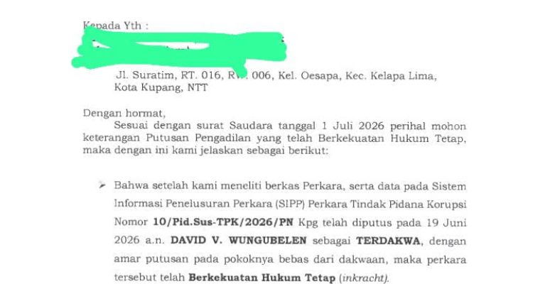 Keterangan incraht putusan Pelaksana Proyek Puskesmas Oesao atas nama Pelaksana David Wungubelen Keterangan incraht putusan Pelaksana Proyek Puskesmas Oesao atas nama Pelaksana David Wungubelen