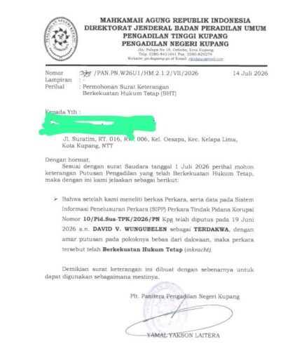 Keterangan incraht putusan Pelaksana Proyek Puskesmas Oesao atas nama Pelaksana David Wungubelen