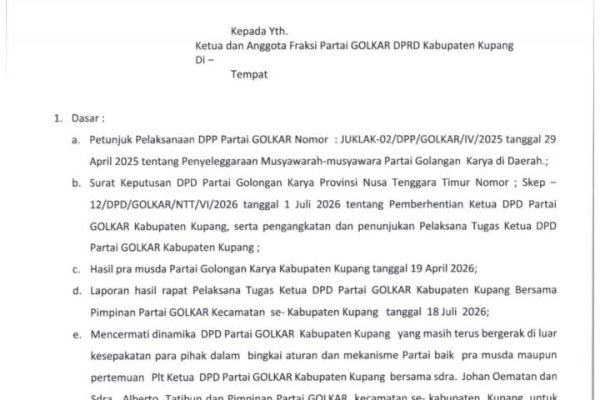 Surat Peringatan DPD I Golkar NTT kepada Fraksi Golkar DPRD Kabupaten Kupang