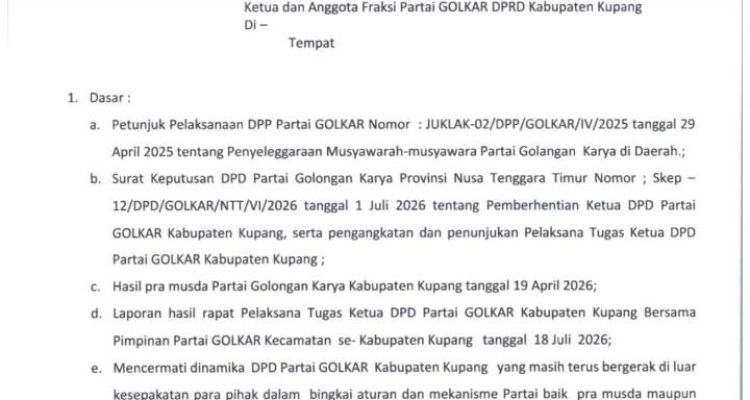 Surat Peringatan DPD I Golkar NTT kepada Fraksi Golkar DPRD Kabupaten Kupang