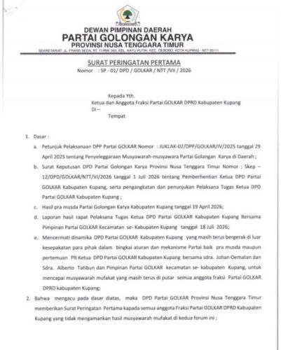 Surat Peringatan DPD I Golkar NTT kepada Fraksi Golkar DPRD Kabupaten Kupang