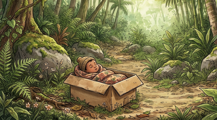 Ilustrasi penemuan bayi di hutan (gemini ai)
