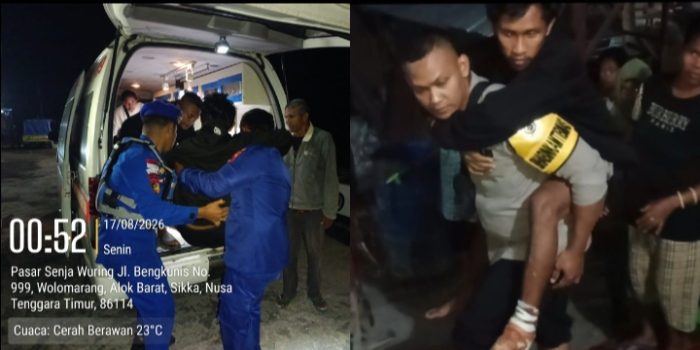 Proses evakuasi dua orang warga yang luka berat akibat tertimpa reruntuhan